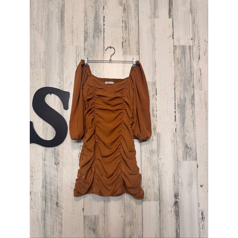 Abercrombie & Fitch Brown Ruched Mini Dress Puff Sleeve Bodycon Dress XXSP - Picture 2 of 7
